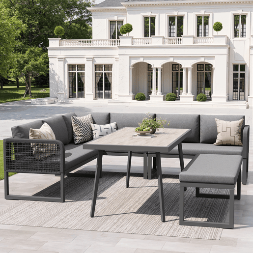 Conjunto de mobiliário de jardim para 6-8 pessoas - Rattan PE trançado, almofadas incluídas, resistente - Cinza