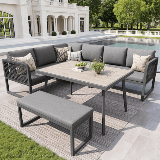 Conjunto de mobiliário de jardim para 6-8 pessoas - Rattan PE trançado, almofadas incluídas, resistente - Cinza
