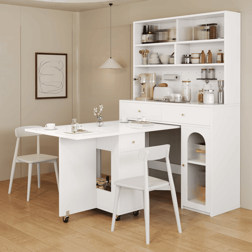 Conjunto de móveis de cozinha - com mesa dobrável e balcão, mesa móvel com rodízios, armário alto com espaço de arrumação - Branco