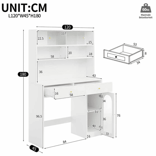 Móvel de cozinha + tamanho padrão - com balcão integrado, 2 gavetas, prateleira ajustável e espaço aberto - branco