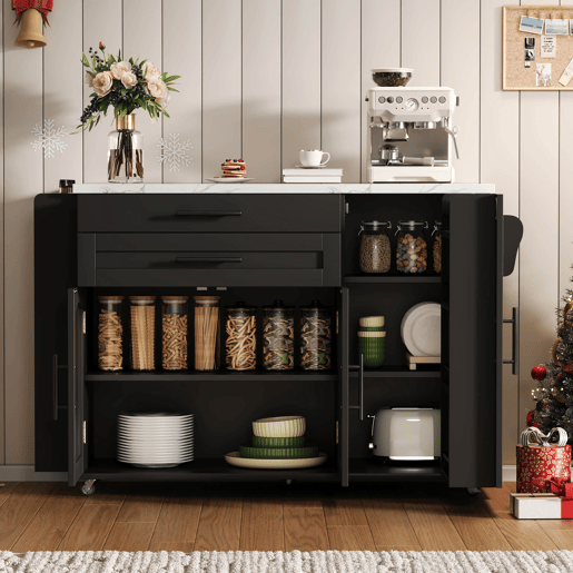 Ilha de cozinha móvel 120x45(70)x90 cm - Dobrável, com rodas e arrumação - Preto