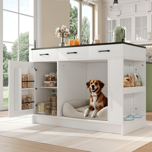 Ilha de cozinha 120x60x90 cm - 3 gavetas, prateleira dupla, área para animais de estimação - Branco