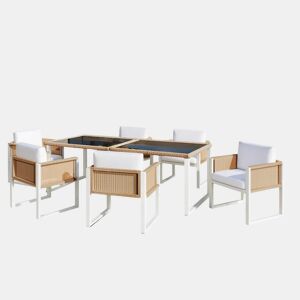 Conjunto de jantar de jardim em rattan sintético para 6 pessoas - cadeiras com almofadas removíveis e capas laváveis - castanho e branco