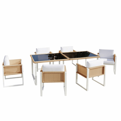 Conjunto de jantar de jardim em rattan sintético para 6 pessoas - cadeiras com almofadas removíveis e capas laváveis - castanho e branco