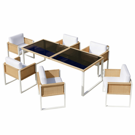 Conjunto de jantar de jardim em rattan sintético para 6 pessoas - cadeiras com almofadas removíveis e capas laváveis - castanho e branco
