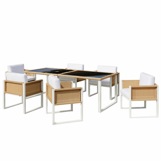 Conjunto de jantar de jardim em rattan sintético para 6 pessoas - cadeiras com almofadas removíveis e capas laváveis - castanho e branco
