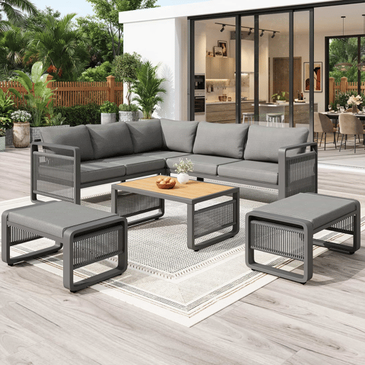 Conjunto de cadeirões de jardim para 6-7 pessoas - Sofá de canto e espreguiçadeira em corda trançada, resistente às intempéries, almofadas macias, pés ajustáveis - Cinza