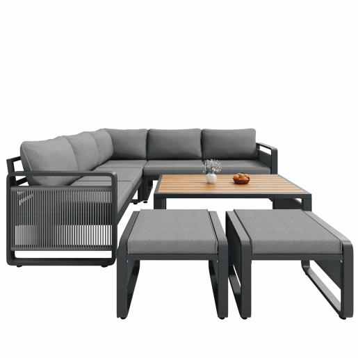 Conjunto de cadeirões de jardim para 6-7 pessoas - Sofá de canto e espreguiçadeira em corda trançada, resistente às intempéries, almofadas macias, pés ajustáveis - Cinza