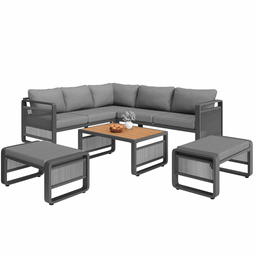 Conjunto de cadeirões de jardim para 6-7 pessoas - Sofá de canto e espreguiçadeira em corda trançada, resistente às intempéries, almofadas macias, pés ajustáveis - Cinza