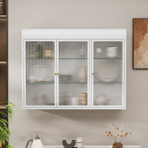 Armário de parede com portas de vidro 3 portas - arqueado, montado na parede - branco
