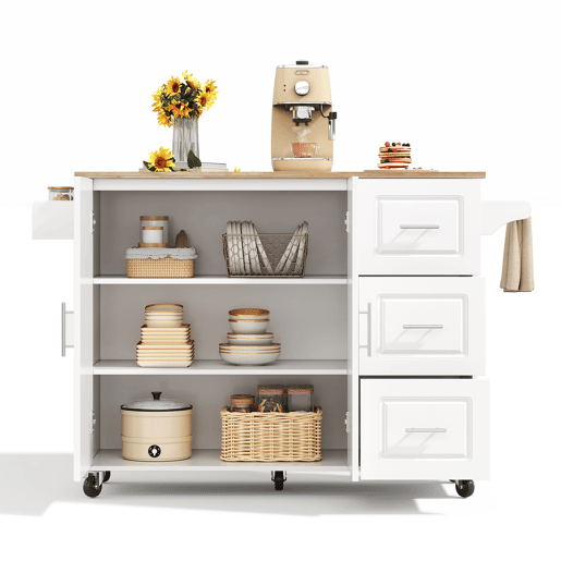 Mesa de cozinha móvel grande 137x43(76)x92 cm - Superfície em carvalho, design dobrável, armário multifuncional, 3 gavetas, suporte para toalhas - Branca