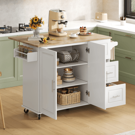 Mesa de cozinha móvel grande 137x43(76)x92 cm - Superfície em carvalho, design dobrável, armário multifuncional, 3 gavetas, suporte para toalhas - Branca
