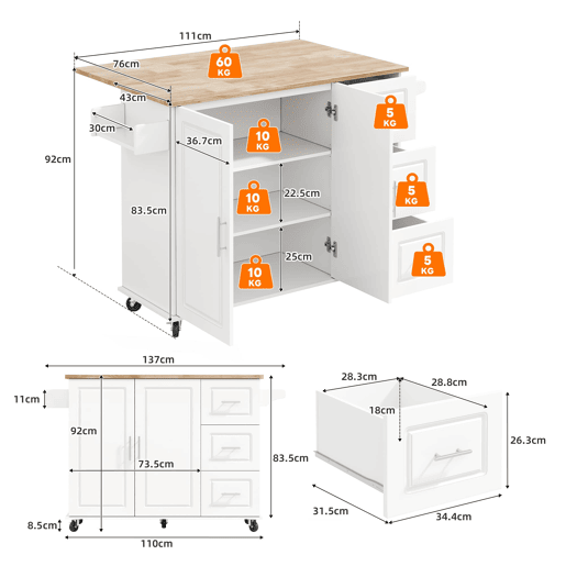 Mesa de cozinha móvel grande 137x43(76)x92 cm - Superfície em carvalho, design dobrável, armário multifuncional, 3 gavetas, suporte para toalhas - Branca