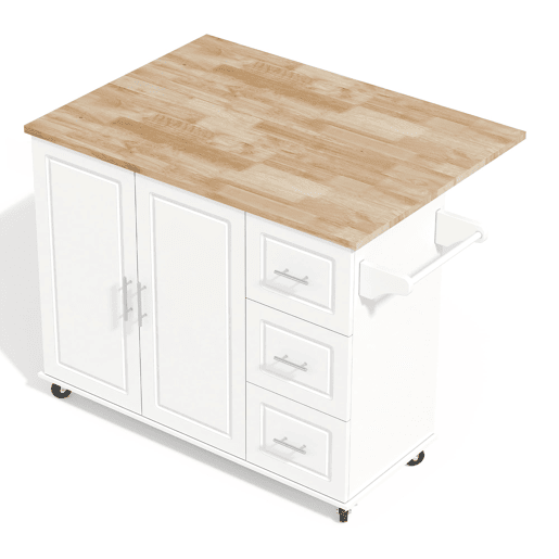 Mesa de cozinha móvel grande 137x43(76)x92 cm - Superfície em carvalho, design dobrável, armário multifuncional, 3 gavetas, suporte para toalhas - Branca