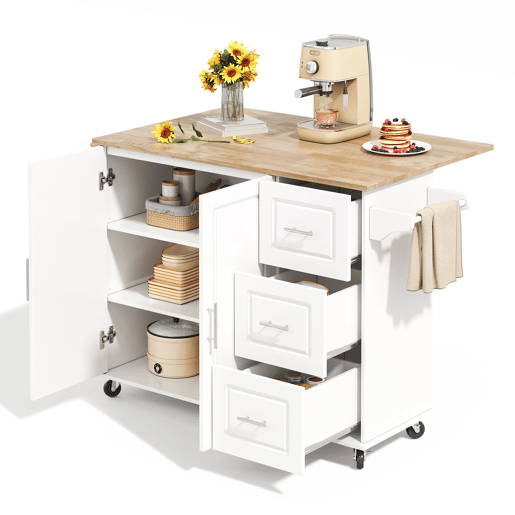 Mesa de cozinha móvel grande 137x43(76)x92 cm - Superfície em carvalho, design dobrável, armário multifuncional, 3 gavetas, suporte para toalhas - Branca