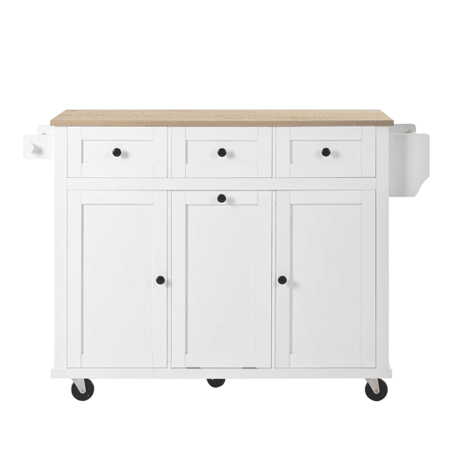 Ilha de cozinha móvel - com rodas, área de jantar extensível, gavetas e recipiente - Branco