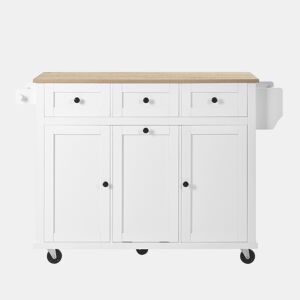 Ilha de cozinha móvel - com rodas, área de jantar extensível, gavetas e recipiente - Branco