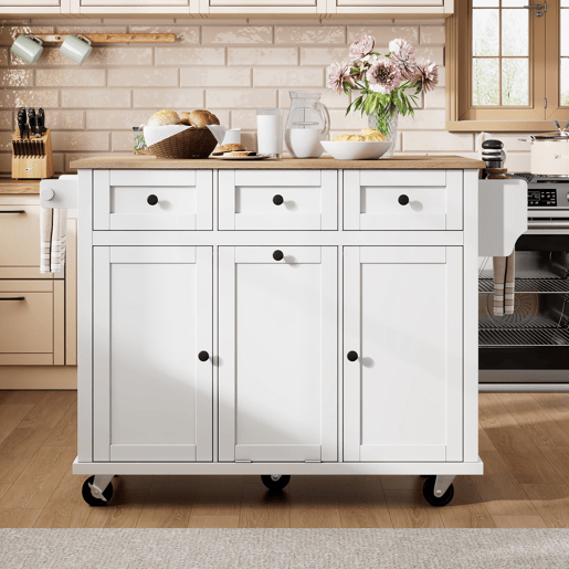 Ilha de cozinha móvel - com rodas, área de jantar extensível, gavetas e recipiente - Branco