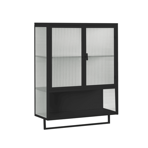 Armário de parede 60 cm - Portas de vidro, 2 níveis, prateleira aberta e toalheiro - Preto
