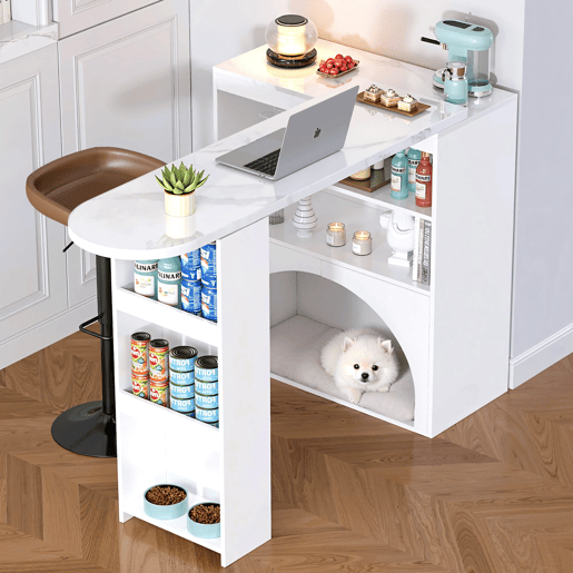 Mesa de bar extensível e mesa de jantar 120(+80)×40×100 cm - Com área para animais de estimação, sem prato nem almofada, Branca Mesa de bar extensível e mesa de jantar 120(+80)×40×100 cm - Com área para animais de estimação, sem prato nem almofada, Branca