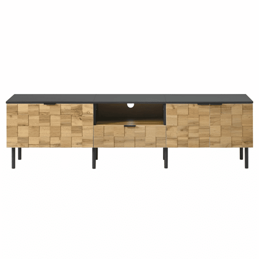 Móvel para televisão de 160 cm - 2 portas com gaveta, prateleira aberta, pés de metal, estilo madeira - Natural