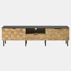 Móvel para televisão de 160 cm - 2 portas com gaveta, prateleira aberta, pés de metal, estilo madeira - Natural