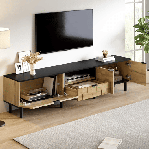 Móvel para televisão de 160 cm - 2 portas com gaveta, prateleira aberta, pés de metal, estilo madeira - Natural