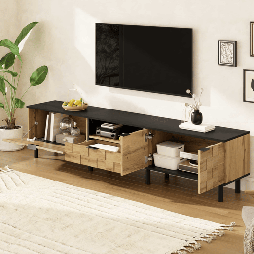 Móvel para televisão de 160 cm - 2 portas com gaveta, prateleira aberta, pés de metal, estilo madeira - Natural