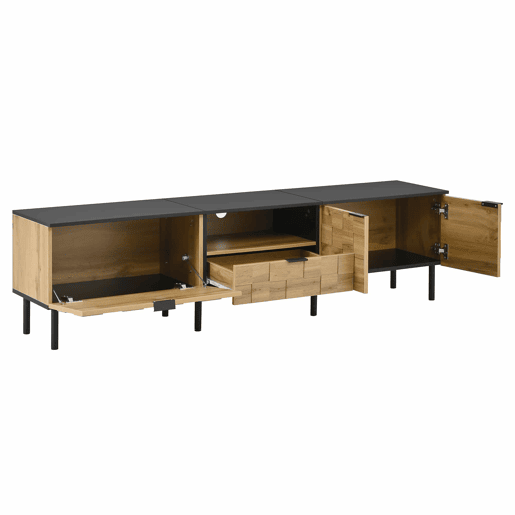 Móvel para televisão de 160 cm - 2 portas com gaveta, prateleira aberta, pés de metal, estilo madeira - Natural