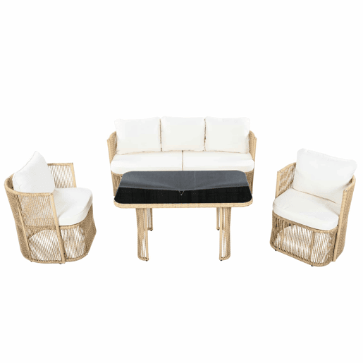 Conjunto de móveis de jardim de 5 peças (sofá de 3 lugares + 2 poltronas + mesa com tampo de vidro) - Rattan PE, estrutura de aço, almofadas de poliéster e vidro temperado - BegePretoBranco
