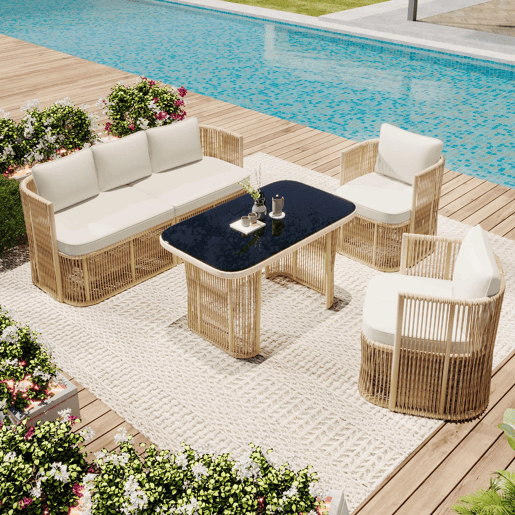 Conjunto de móveis de jardim de 5 peças (sofá de 3 lugares + 2 poltronas + mesa com tampo de vidro) - Rattan PE, estrutura de aço, almofadas de poliéster e vidro temperado - BegePretoBranco