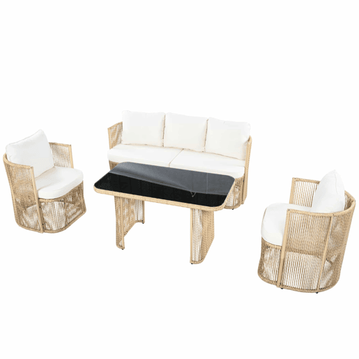 Conjunto de móveis de jardim de 5 peças (sofá de 3 lugares + 2 poltronas + mesa com tampo de vidro) - Rattan PE, estrutura de aço, almofadas de poliéster e vidro temperado - BegePretoBranco