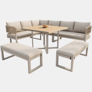 Conjunto de mobiliário de jardim - 8-10 pessoas - sofá de jardim com grande mesa de jantar em madeira plástica, corda, pés ajustáveis, almofadas incluídas - bege