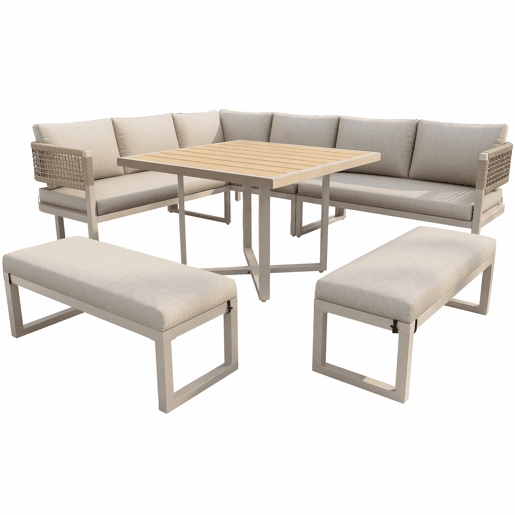 Conjunto de mobiliário de jardim - 8-10 pessoas - sofá de jardim com grande mesa de jantar em madeira plástica, corda, pés ajustáveis, almofadas incluídas - bege
