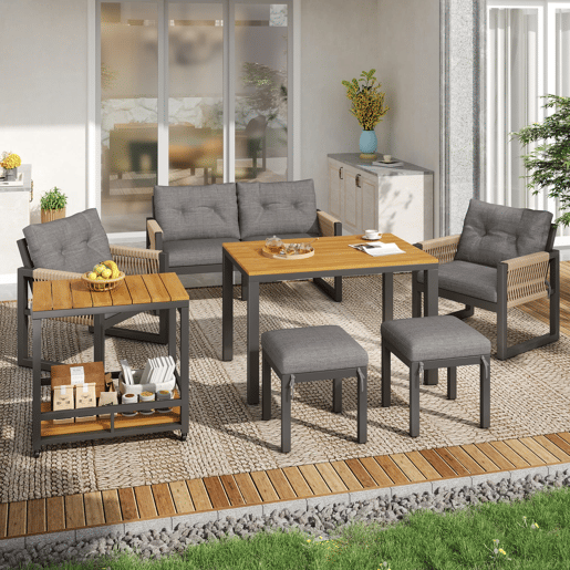 Conjunto de sofás de jardim com vários lugares - estrutura em ferro, braços trançados, almofadas, mesa - cinzentonatural