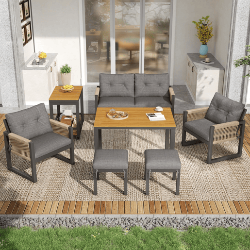 Conjunto de sofás de jardim com vários lugares - estrutura em ferro, braços trançados, almofadas, mesa - cinzentonatural