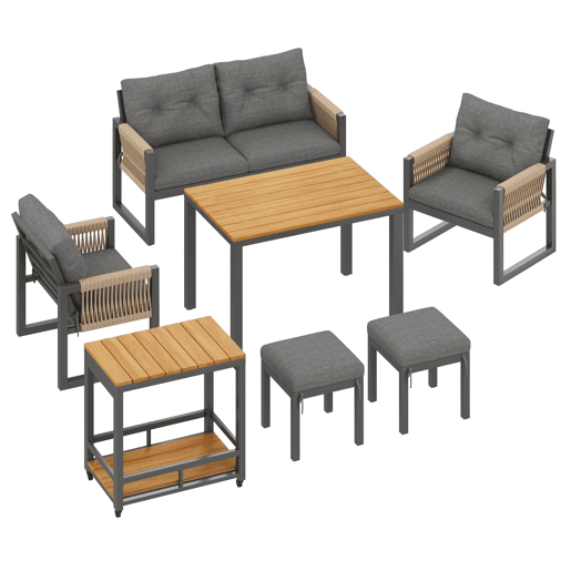 Conjunto de sofás de jardim com vários lugares - estrutura em ferro, braços trançados, almofadas, mesa - cinzentonatural