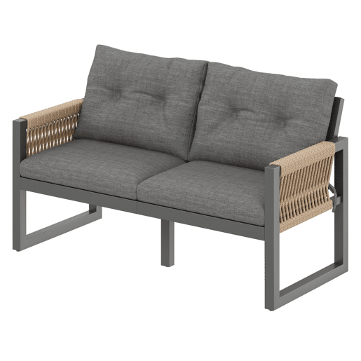 Conjunto de sofás de jardim com vários lugares - estrutura em ferro, braços trançados, almofadas, mesa - cinzentonatural