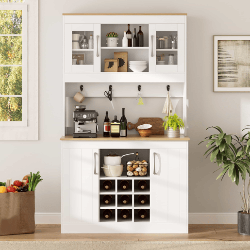 Aparador de cozinha de 175 cm u2013 com vitrina de vidro, suporte para garrafas e barra com ganchos, armário multifuncional para cozinha, sala de jantar e sala de estar u2013 Natural e Branco