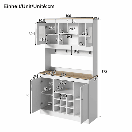 Aparador de cozinha de 175 cm u2013 com vitrina de vidro, suporte para garrafas e barra com ganchos, armário multifuncional para cozinha, sala de jantar e sala de estar u2013 Natural e Branco