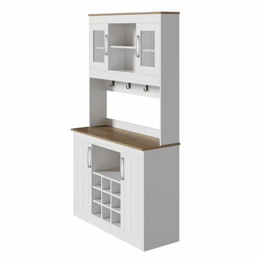 Aparador de cozinha de 175 cm u2013 com vitrina de vidro, suporte para garrafas e barra com ganchos, armário multifuncional para cozinha, sala de jantar e sala de estar u2013 Natural e Branco