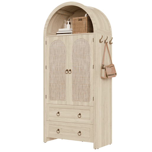 Aparador - rattan arqueado, gaveta dupla, estilo vintage, armazenamento - Carvalho