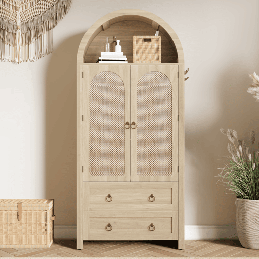 Aparador - rattan arqueado, gaveta dupla, estilo vintage, armazenamento - Carvalho