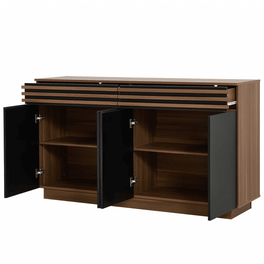 Aparador 150 x 40 x 85 cm - 2 gavetas e 4 portas, design moderno - Preto e castanho