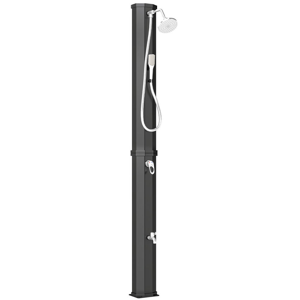 Outsunny ducha solar de jardín 60 l ducha solar exterior con cabezal rociador de mano grifo de pies agua fría y caliente máx. 60 °c conexión manguera para piscina camping patio 21,8x18,2x227 cm negro