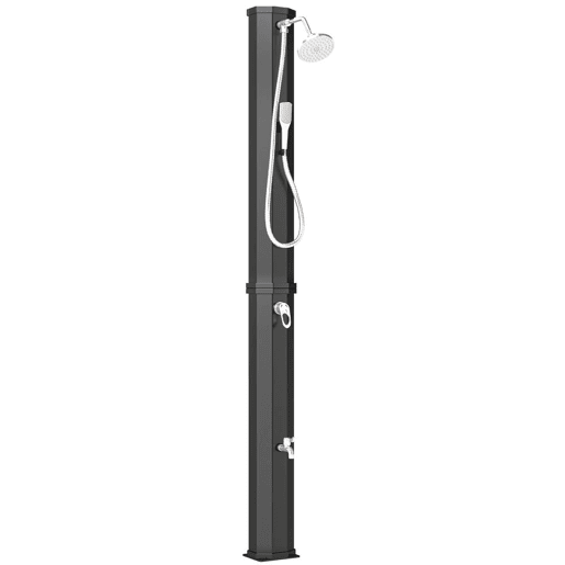 Outsunny Duche Solar de Jardim 60 L Duche Solar Exterior com Chuveiro de Mão Torneira para Pés Água Fria e Quente até 60 °C Ligação a Mangueira para Piscina Campismo ou Pátio 21,8x18,2x227 cm Preto