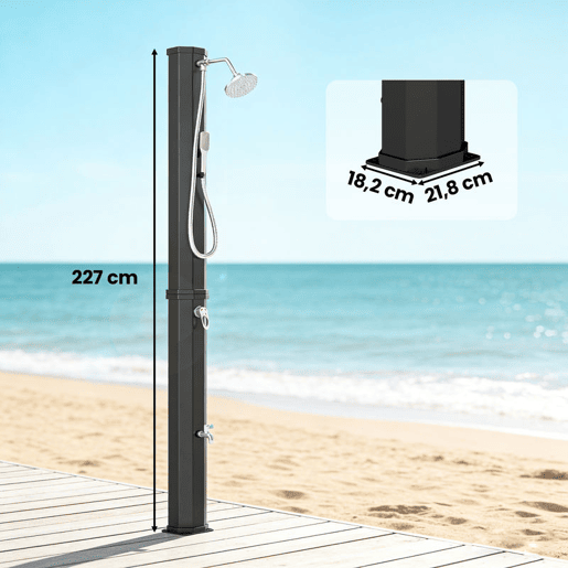 Outsunny Duche Solar de Jardim 60 L Duche Solar Exterior com Chuveiro de Mão Torneira para Pés Água Fria e Quente até 60 °C Ligação a Mangueira para Piscina Campismo ou Pátio 21,8x18,2x227 cm Preto