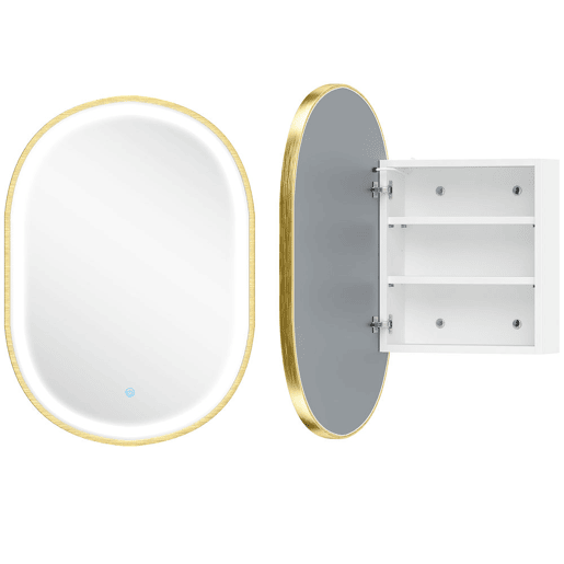 HOMCOM Armário de Casa de Banho com Espelho e Luzes LED de 3 Cores, Armário de Parede Oval com Memória e Função Antivapor, Brilho Ajustável, Controlo Tátil, Prateleiras Ajustáveis, Dourado