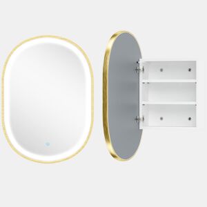 HOMCOM Armário de Casa de Banho com Espelho e Luzes LED de 3 Cores, Armário de Parede Oval com Memória e Função Antivapor, Brilho Ajustável, Controlo Tátil, Prateleiras Ajustáveis, Dourado