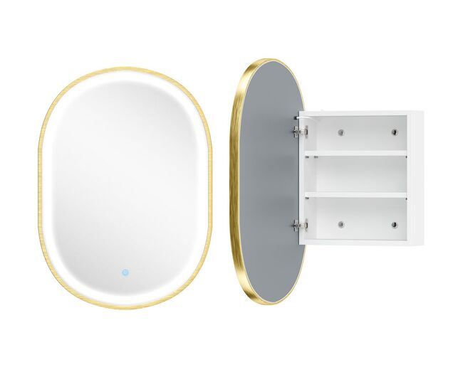 Homcom armario de baño con espejo y luces led de 3 colores, armario de pared ovalado con función memoria y antivaho, brillo ajustable, control táctil, estantes ajustables, dorado
